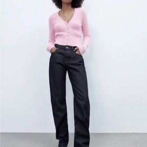 Zara Soft Pink Cardigan with Charcoal Straight Leg Trousers